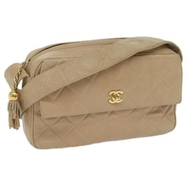 Chanel-CHANEL Matelasse Turn Lock Shoulder Bag Lamb Skin Beige CC Auth 61078-Beige