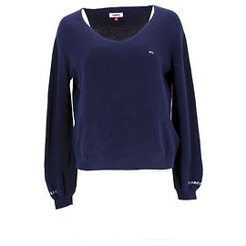 Tommy Hilfiger Suéter feminino de algodão puro com decote em V em algodão azul Azul