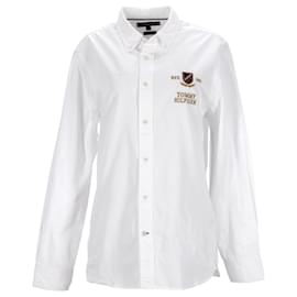 Tommy Hilfiger-Camicia in denim da uomo con stemma ricamato, vestibilità regolare-Bianco