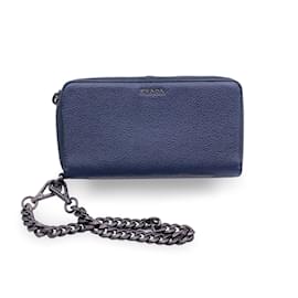 Prada-Blue Leather Wallet On Chain WOC Wristlet Zippy Wallet-Blue