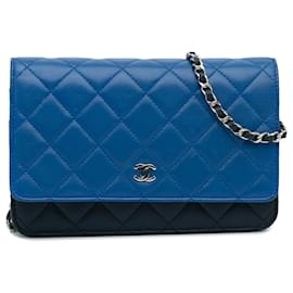 Chanel-Cartera clásica Chanel de piel de cordero tricolor azul con cadena-Azul