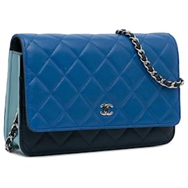 Chanel-Chanel Blue Tricolor klassische Lammleder-Geldbörse mit Kette-Blau