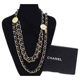 Chanel-Ceinture chaîne en cuir noir et matériel doré vintage Chanel-Bijouterie dorée