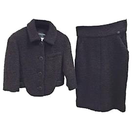 Chanel-Chanel Black Broun Bouckle Jacket Skirt Suit Set-Brown,Black