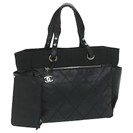 Chanel-CHANEL Paris Biarritz MM Tote Bag Toile Enduite Noir CC Auth ep2523-Noir