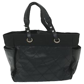 Chanel-CHANEL Paris Biarritz MM Tote Bag Coated Canvas Black CC Auth ep2523-Black