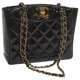Chanel-CHANEL Matelasse Bolso de hombro con cadena Charol Negro CC Auth bs10554-Negro