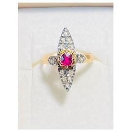 Autre Marque-Antique 18 carat rose gold ring set with diamonds and a red glass.-Silvery,Pink,Golden