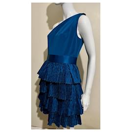 Marchesa-Vestido de seda azul-petróleo com saia tipo origami-Azul,Verde