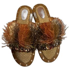 Autre Marque Sanchita - Mulas de palha , pérolas e strass Prata Bege Palha Camelo