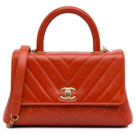 Chanel-Chanel Red Small Lambskin Chevron Coco Handle Satchel-Red