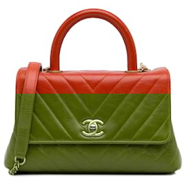Chanel-Chanel Red Small Lambskin Chevron Coco Top Handle Bag-Red