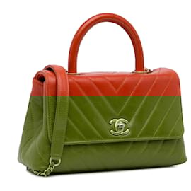 Chanel-Chanel Red Small Lambskin Chevron Coco Top Handle Bag-Red