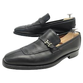 Hermès-CHAUSSURES HERMES MOCASSINS LOGO H 40.5 EN CUIR NOIR BLACK LOAFERS SHOES-Noir