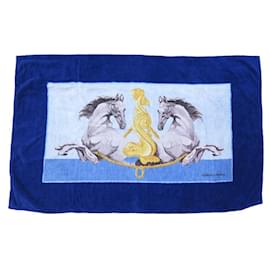 Hermès-HERMES CHEVAUX BEACH TOWEL BLUE COTTON BATH TOWEL BEACH TOWEL-Blue