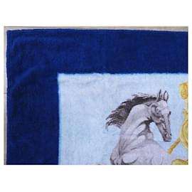 Hermès-DRAP DE PLAGE HERMES CHEVAUX SERVIETTE DE BAIN COTON BLEU BEACH TOWEL-Bleu