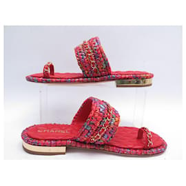 Chanel-CHANEL SHOES LEATHER AND RAFFIA SANDALS CC G LOGO34694 39.5 RED SHOES-Red