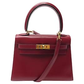 Hermès-VINTAGE SAC A MAIN HERMES KELLY 20 MINI SELLIER CUIR BOX ROUGE BANDOULIERE BAG-Rouge