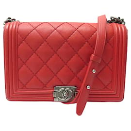 Chanel-SAC A MAIN CHANEL GRAND BOY CUIR MATELASSE ROUGE BANDOULIERE PURSE HANDBAG-Rouge