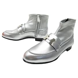 Hermès-NEW HERMES ANKLE BOOTS SAINT HONORE 35 SILVER LEATHER + SHOES BOX-Silvery
