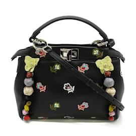 Fendi-Mini-Peekaboo-Handtasche aus Leder mit bestickten Blumen 8BN244-Schwarz