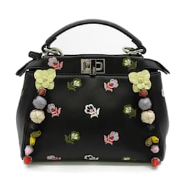 Fendi-Mini Peekaboo Embroidered Flower Leather Handbag 8BN244-Black
