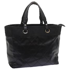 Chanel-CHANEL Paris Biarritz MM Tote Bag Coated Canvas Black CC Auth bs10905-Black
