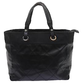 Chanel-CHANEL Paris Biarritz MM Tote Bag Coated Canvas Black CC Auth bs10905-Black