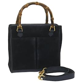 Gucci-GUCCI Bamboo Hand Bag Suede 2way Navy 000 122 0316 Auth ep2792-Navy blue