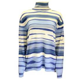 Autre Marque-Prabal Gurung Blue / Ivory Striped Long Sleeved Wool and Cashmere Knit Turtleneck Sweater-Blue