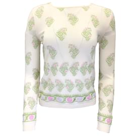 Autre Marque-Giambattista Valli Ivory Multi Floral Embroidered Cashmere and Silk Knit Sweater-Cream