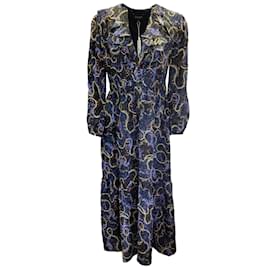 Autre Marque-Saloni Navy Blue Multi Cosmo Dancers Print Silk Crepe de Chine Ginny Midi Dress-Blue