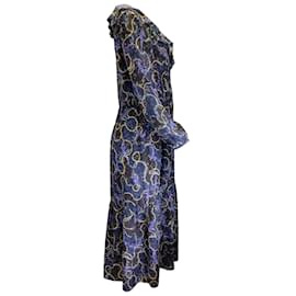 Autre Marque-Saloni Navy Blue Multi Cosmo Dancers Print Silk Crepe de Chine Ginny Midi Dress-Blue