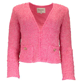 Autre Marque-Chanel Pink CC Logo geknöpfte gewebte Bouclé-Strickjacke-Pink