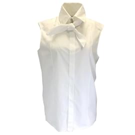 Autre Marque-Chanel White Tie-Neck Collared Sleeveless Button-down Top-White