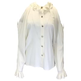Autre Marque-Chanel Blusa de seda con hombros descubiertos y botones con logo CC en color marfil-Crudo