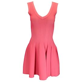 Autre Marque-Alaia Pink / Coral Sleeveless V-Neck Flared Knit Dress-Pink