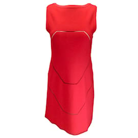 Autre Marque-Alaia Red Geometric Lattice Seam Sleeveless Viscose Knit A-Line Dress-Red