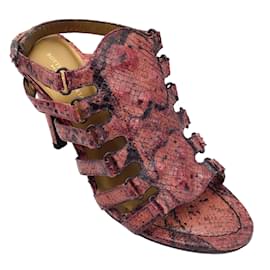 Autre Marque-Bottega Veneta Burgundy Python Skin Leather Multi Strap Sandals-Dark red