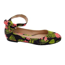 Autre Marque-Gianvito Rossi Black / Green Multi Floral Printed Ankle Strap Ballet Flats-Multiple colors