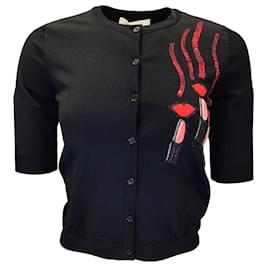 Autre Marque-Valentino black / Suéter cardigã de malha de manga curta com aplique de batom vermelho e lábios-Preto
