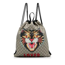 Gucci-Brown Gucci GG Supreme Angry Cat Drawstring Backpack-Brown