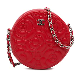 Chanel-Crossbody redondo Chanel em pele de cabra vermelha Camélia-Vermelho