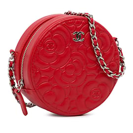 Chanel-Sac à bandoulière rond Camellia en cuir de chèvre Chanel rouge-Rouge