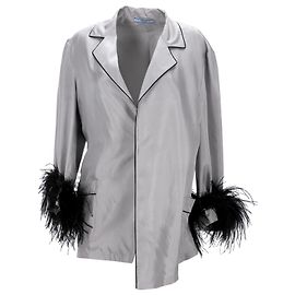Giacca blazer Prada con polsini in piuma in seta grigia Marrone