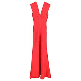 Herve Leger-Herve Leger Plunging Neckline Gown in Red Wool-Red