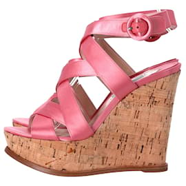 Prada-Prada Crisscross Strap Wedge Sandals in Pink Satin-Pink