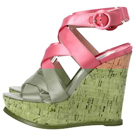 Prada-Prada Crisscross Strap Wedge Sandals in Pink Satin-Pink