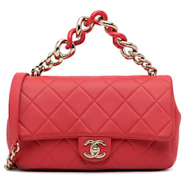 Chanel-Chanel rouge petit rabat en chaîne élégante en cuir d'agneau-Rouge