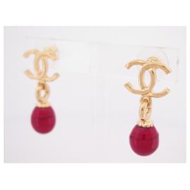 Chanel-NEW CHANEL CC LOGO PENDANT RED GOLD PEARL EARRINGS EARRINGS-Golden
